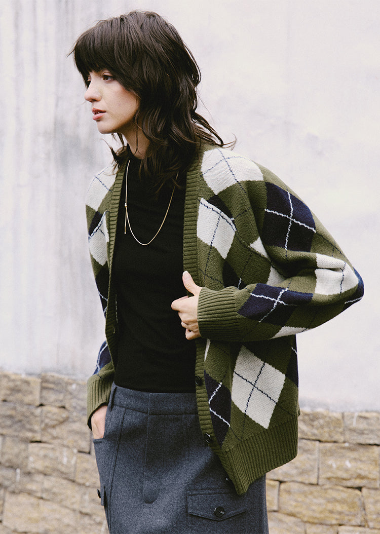 Argyle Button-Up Knit Cardigan