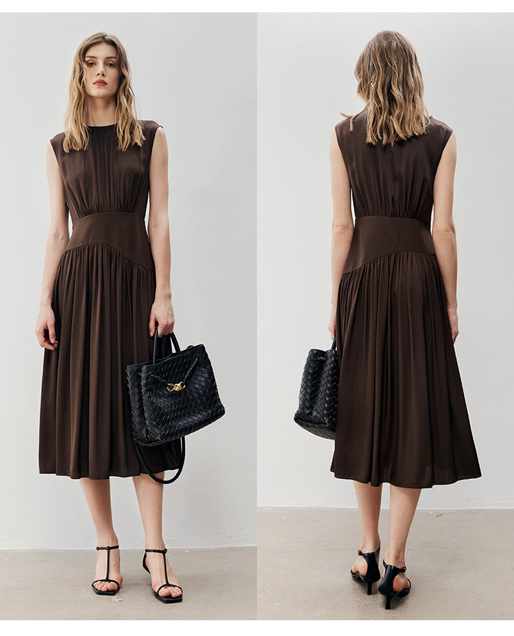 Pleated Round Neck Sleeveless Midi Dress