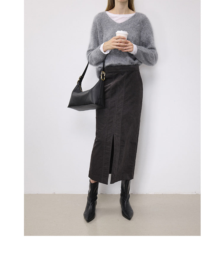 Front Slit Slim Fit Midi Skirt