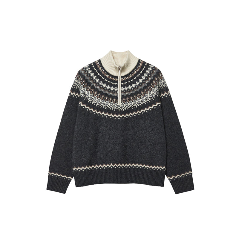 Ethnic Geometric Quarter-Zip Sweater