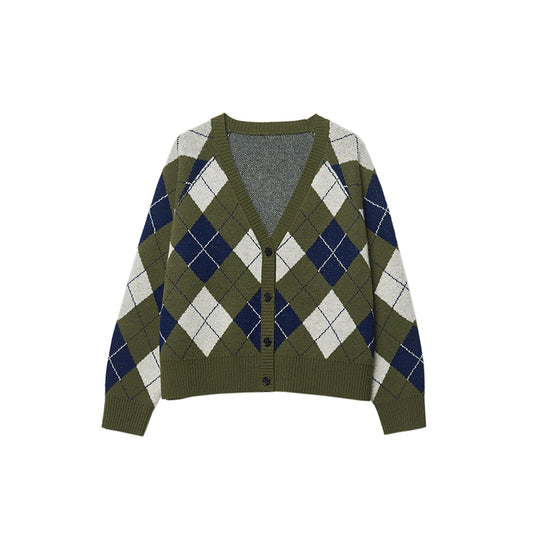 Argyle Button-Up Knit Cardigan