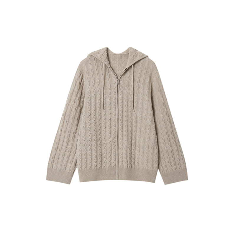 Cable Knit Hooded Zip-Up Cardigan