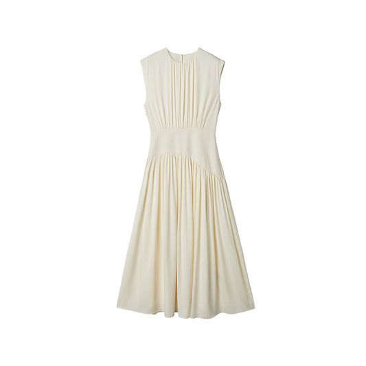 Pleated Round Neck Sleeveless Midi Dress