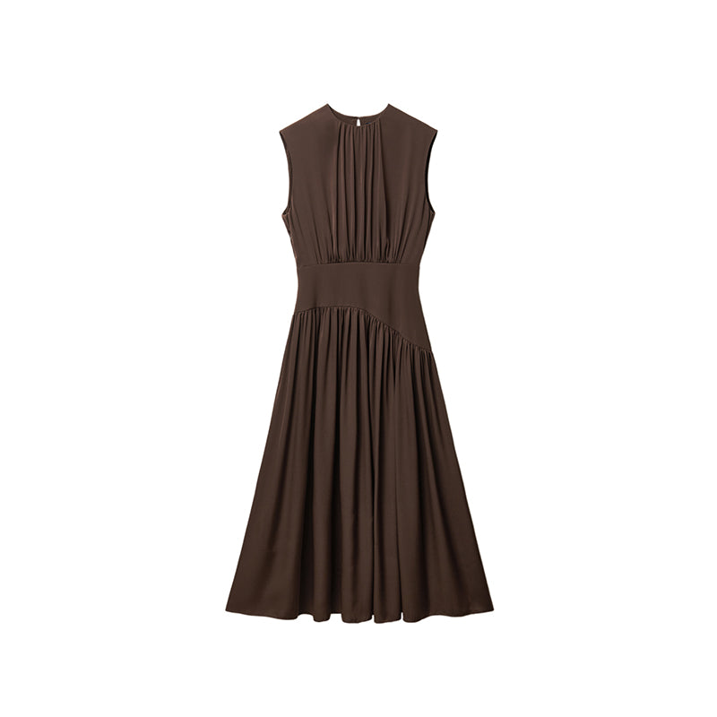 Pleated Round Neck Sleeveless Midi Dress