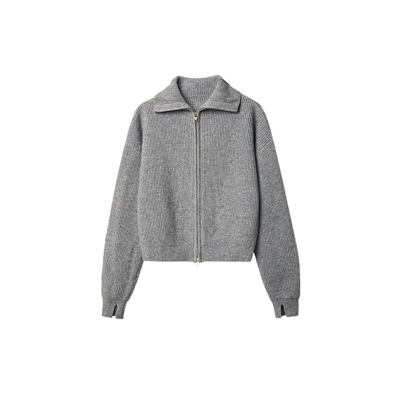 Collared Zip-Up Knit Cardigan