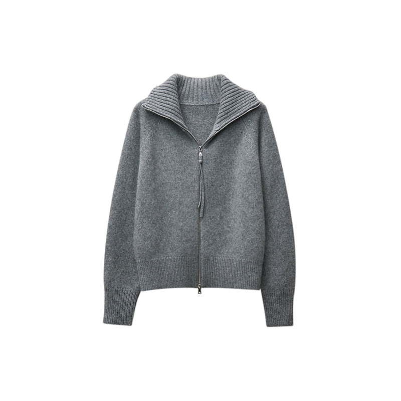 Oversized Collar Zip-Up Knit Cardigan